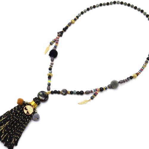 Sautoir-Collier-Perles-Verre-avec-Pierre-Plumes-Arbre-et-Pompons-Noir-Gris