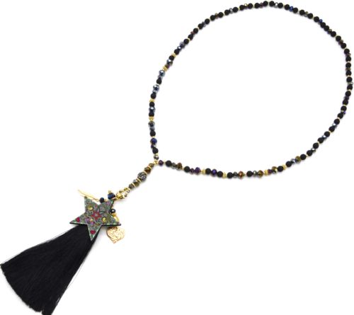 Sautoir-Collier-Perles-Resine-et-Brillantes-avec-Etoile-Motifs-et-Pompon-Noir