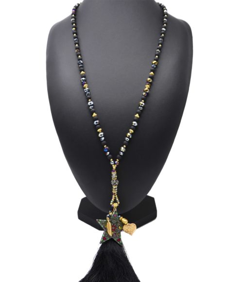 Sautoir-Collier-Perles-Resine-et-Brillantes-avec-Etoile-Motifs-et-Pompon-Noir
