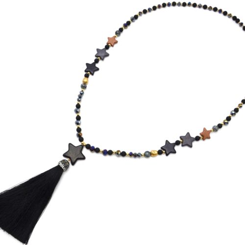 Sautoir-Collier-Perles-Resine-et-Brillantes-avec-Multi-Pierres-Etoile-et-Pompon-Noir