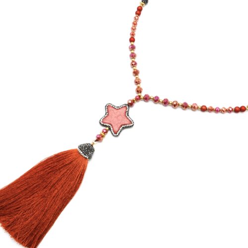 Sautoir-Collier-Perles-Resine-et-Brillantes-avec-Pierre-Etoile-Strass-et-Pompon-Terracotta