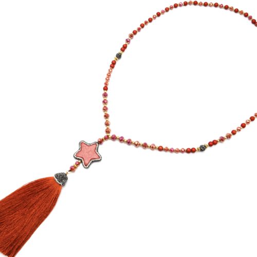 Sautoir-Collier-Perles-Resine-et-Brillantes-avec-Pierre-Etoile-Strass-et-Pompon-Terracotta