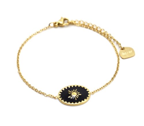 Bracelet-avec-Ovale-Email-Noir-Motif-Soleil-et-Contour-Acier-Dore