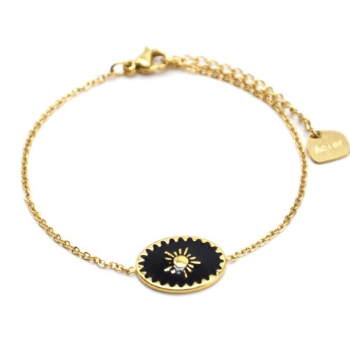 Bracelet-avec-Ovale-Email-Noir-Motif-Soleil-et-Contour-Acier-Dore