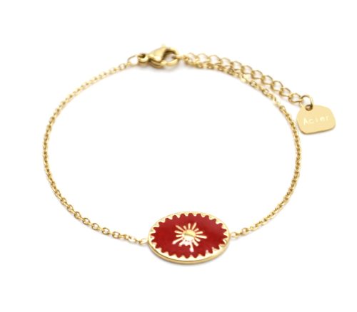 Bracelet-avec-Ovale-Email-Rouge-Motif-Soleil-et-Contour-Acier-Dore