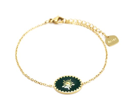 Bracelet-avec-Ovale-Email-Vert-Sapin-Motif-Soleil-et-Contour-Acier-Dore