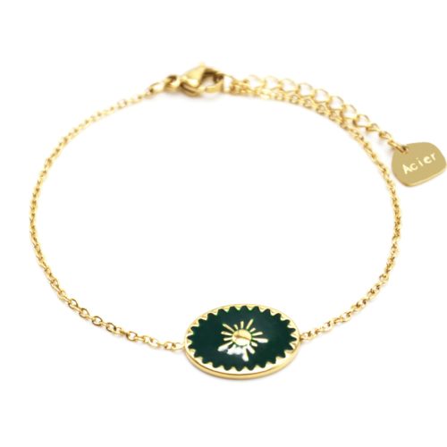 Bracelet-avec-Ovale-Email-Vert-Sapin-Motif-Soleil-et-Contour-Acier-Dore