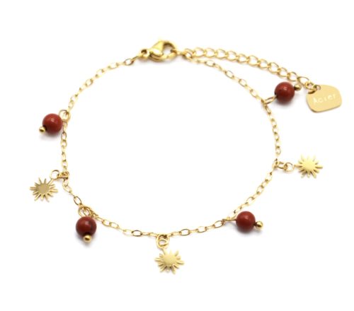 Bracelet-Fine-Chaine-avec-Pampilles-Soleils-Acier-Dore-et-Perles-Terracotta