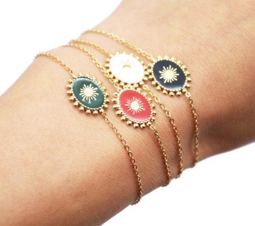 Bracelet-avec-Ovale-Email-Motif-Soleil-et-Contour-Billes-Acier-Dore