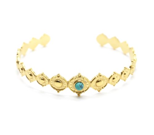 Bracelet-Jonc-avec-Cercles-Graves-Motif-Soleil-Acier-Dore-et-Pierre-Turquoise