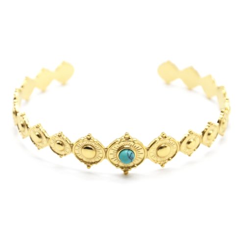 Bracelet-Jonc-avec-Cercles-Graves-Motif-Soleil-Acier-Dore-et-Pierre-Turquoise