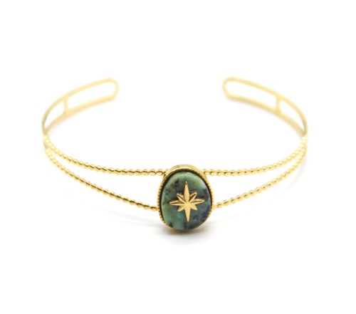 Bracelet-Jonc-Ajoure-avec-Pierre-Verte-Etoile-Polaire-et-Contour-Acier-Dore