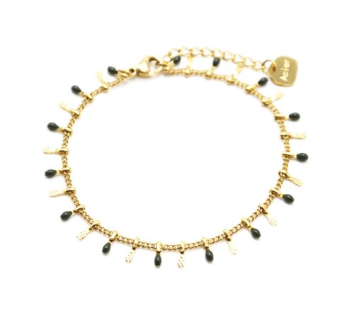 Bracelet-avec-Pampilles-Relief-Carreaux-Acier-Dore-et-Perles-Email-Kaki