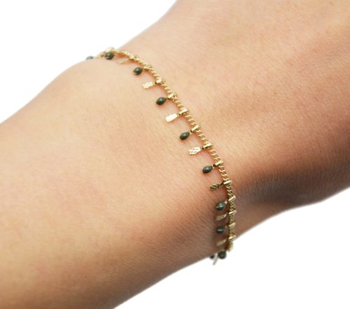 Bracelet-avec-Pampilles-Relief-Carreaux-Acier-Dore-et-Perles-Email-Kaki