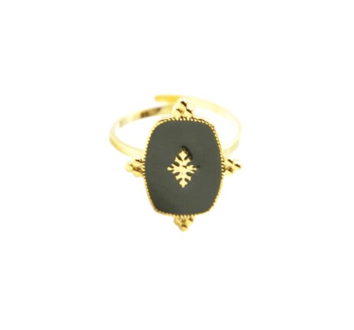 Bague-Reglable-avec-Medaille-Email-Kaki-Clair-Motif-Baroque-et-Acier-Dore