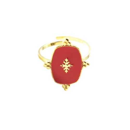 Bague-Reglable-avec-Medaille-Email-Rouge-Motif-Baroque-et-Acier-Dore