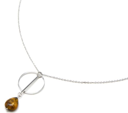 Collier-Fine-Chaine-Pendentif-Cercle-Barre-Acier-Argente-et-Pierre-Goutte-Marron