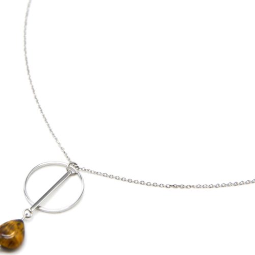 Collier-Fine-Chaine-Pendentif-Cercle-Barre-Acier-Argente-et-Pierre-Goutte-Marron