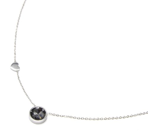 Collier-Fine-Chaine-Pendentif-Pierre-Ronde-Grise-Contour-Acier-Argente