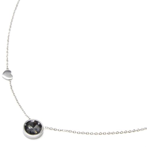 Collier-Fine-Chaine-Pendentif-Pierre-Ronde-Grise-Contour-Acier-Argente