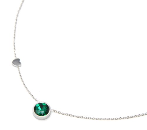 Collier-Fine-Chaine-Pendentif-Pierre-Ronde-Verte-Contour-Acier-Argente