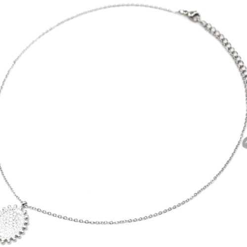 Collier-Pendentif-Medaille-Martelee-Ovale-Contour-Billes-Acier-Argente