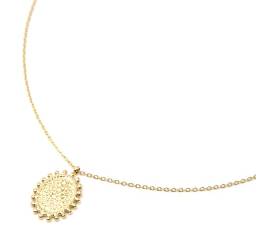 Collier-Pendentif-Medaille-Martelee-Ovale-Contour-Billes-Acier-Dore