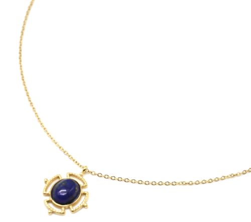 Collier-Pendentif-Pierre-Ovale-Bleue-Effet-Naturel-et-Contour-Ajoure-Acier-Dore