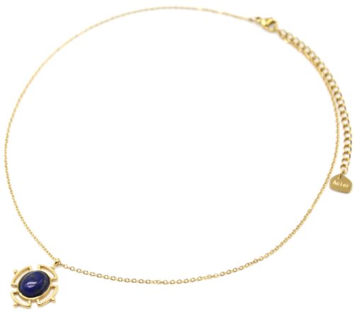 Collier-Pendentif-Pierre-Ovale-Bleue-Effet-Naturel-et-Contour-Ajoure-Acier-Dore