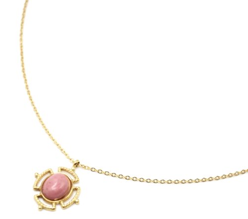 Collier-Pendentif-Pierre-Ovale-Rose-Effet-Naturel-et-Contour-Ajoure-Acier-Dore