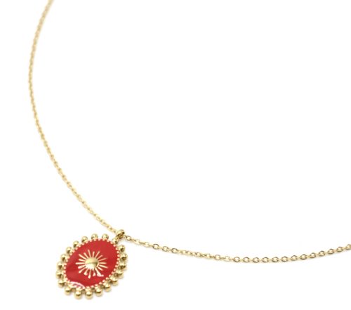 Collier-Pendentif-Ovale-Email-Rouge-Motif-Soleil-et-Contour-Billes-Acier-Dore