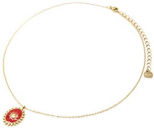 Collier-Pendentif-Ovale-Email-Rouge-Motif-Soleil-et-Contour-Billes-Acier-Dore