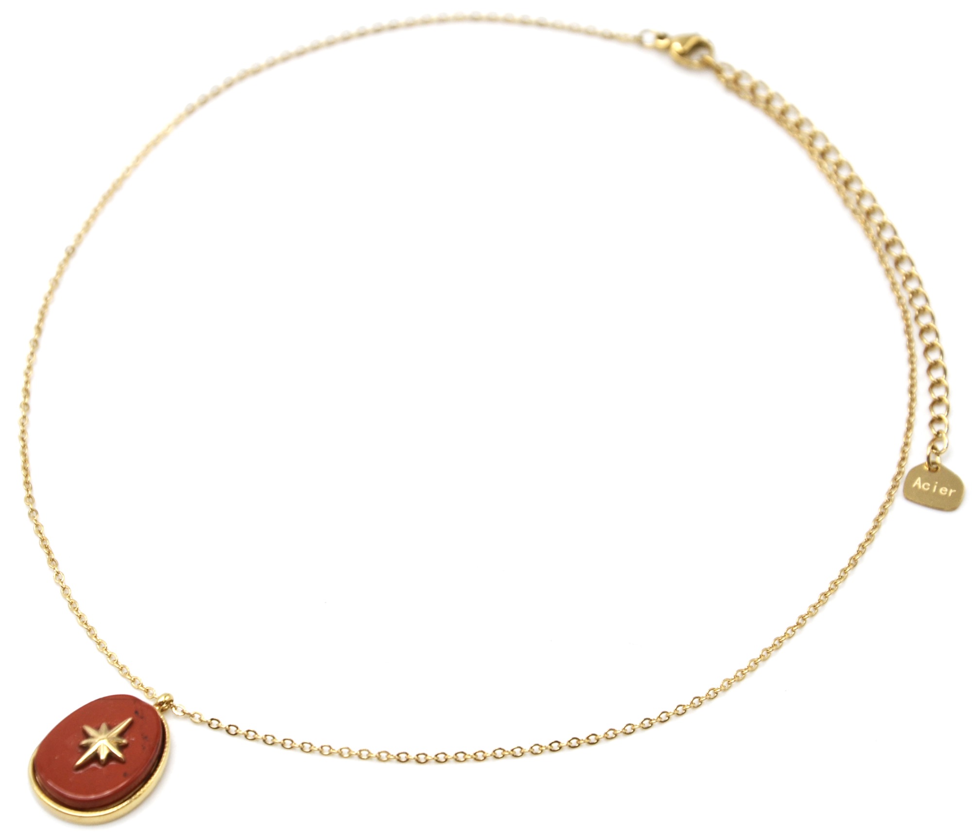 Collier-Pendentif-Pierre-Brique-Etoile-Polaire-et-Contour-Acier-Dore