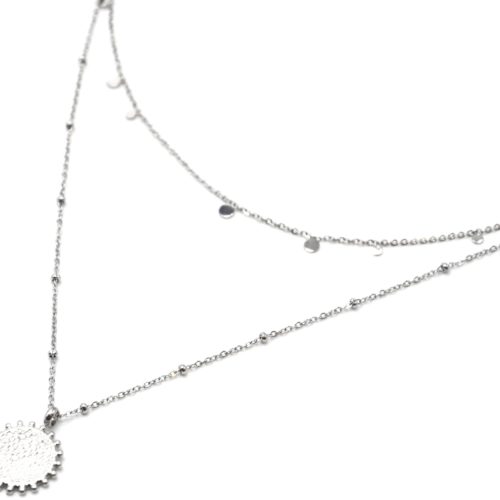 Collier-Double-Chaines-Mini-Pampilles-et-Medaille-Martelee-Billes-Acier-Argente