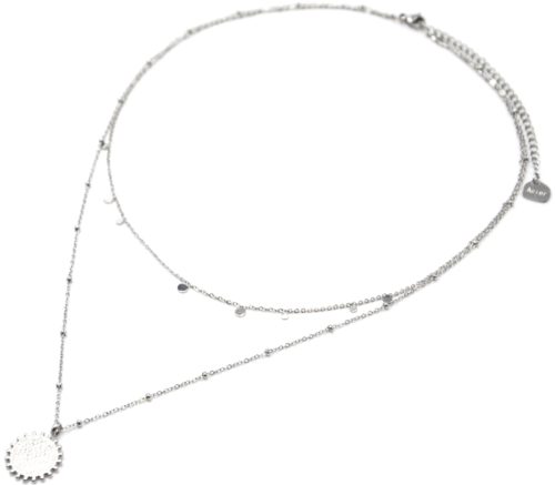 Collier-Double-Chaines-Mini-Pampilles-et-Medaille-Martelee-Billes-Acier-Argente