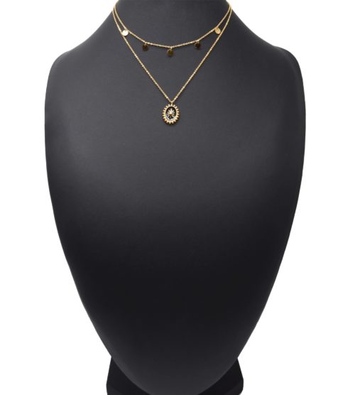 Collier-Double-Chaines-Pampilles-Acier-Dore-et-Ovale-Email-Noir-Motif-Soleil-Billes