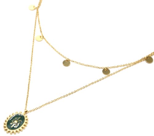 Collier-Double-Chaines-Pampilles-Acier-Dore-et-Ovale-Email-Vert-Sapin-Motif-Soleil-Billes