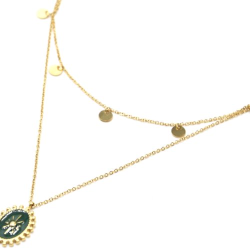 Collier-Double-Chaines-Pampilles-Acier-Dore-et-Ovale-Email-Vert-Sapin-Motif-Soleil-Billes