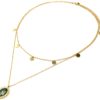 Collier-Double-Chaines-Pampilles-Acier-Dore-et-Ovale-Email-Vert-Sapin-Motif-Soleil-Billes
