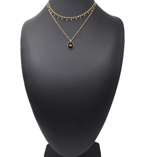 Collier-Double-Chaines-Pampilles-Carreaux-Acier-Dore-et-Ovale-Email-Noir-Motif-Soleil