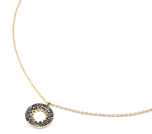 Collier-Fine-Chaine-Acier-Dore-avec-Cercle-Strass-Gris-Motif-Ajoure-Soleil