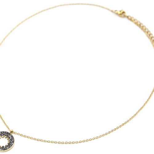 Collier-Fine-Chaine-Acier-Dore-avec-Cercle-Strass-Gris-Motif-Ajoure-Soleil