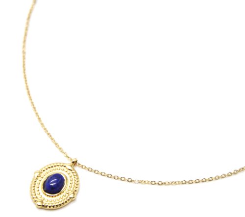 Collier-Pendentif-Medaille-Ovale-Relief-Points-Acier-Dore-et-Pierre-Bleue