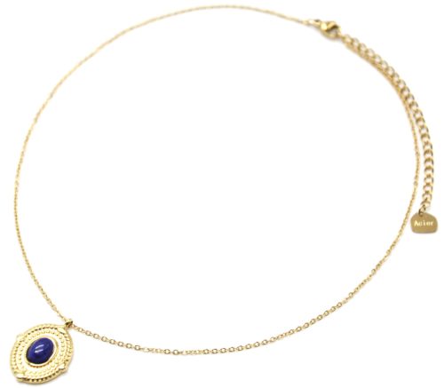 Collier-Pendentif-Medaille-Ovale-Relief-Points-Acier-Dore-et-Pierre-Bleue