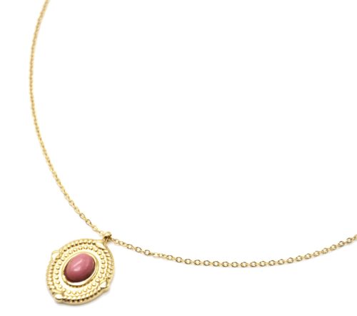 Collier-Pendentif-Medaille-Ovale-Relief-Points-Acier-Dore-et-Pierre-Rose
