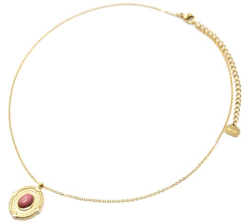 Collier-Pendentif-Medaille-Ovale-Relief-Points-Acier-Dore-et-Pierre-Rose