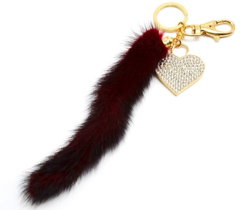 Porte-Cles-Bijou-de-Sac-Coeur-Strass-Dore-et-Pompon-Fourrure-Synthetique-Bordeaux