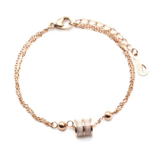 Bracelet-Double-Chaine-Acier-Or-Rose-avec-Charm-Anneau-Resine-Beige