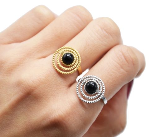 Bague-Reglable-avec-Multi-Cercles-Points-Acier-et-Pierre-Noire