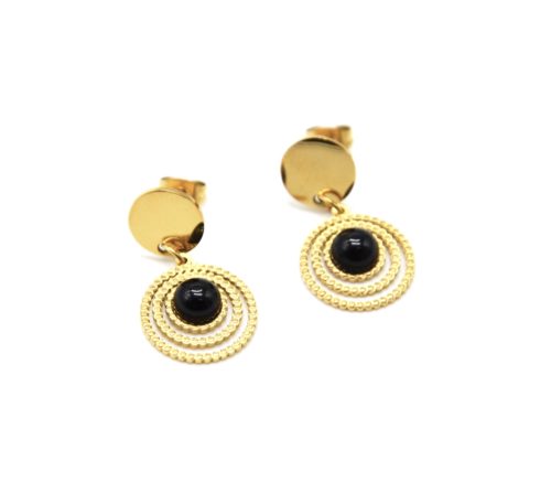 Boucles-dOreilles-Medaille-et-Cercles-Points-Acier-Dore-avec-Pierre-Noire